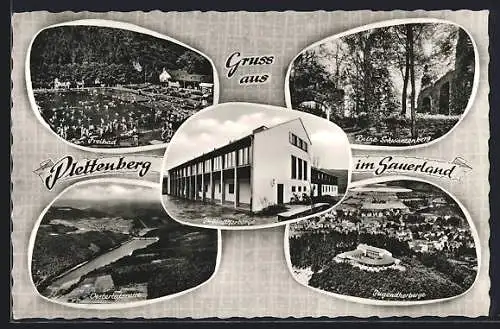 AK Plettenberg / Sauerland, Totalansicht, Jugenherberge, Freibad & Ruine Schwarzenberg