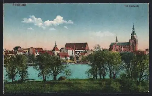 AK Stralsund, Ortspanorama mit Knieperteich