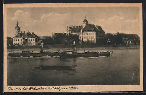 AK Pretzsch /Elbe, Schloss und Dampfer auf dem Fluss