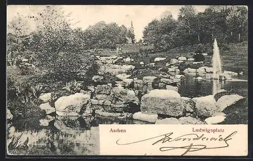 AK Aachen, Ludwigsplatz, Partie mit Fontäne