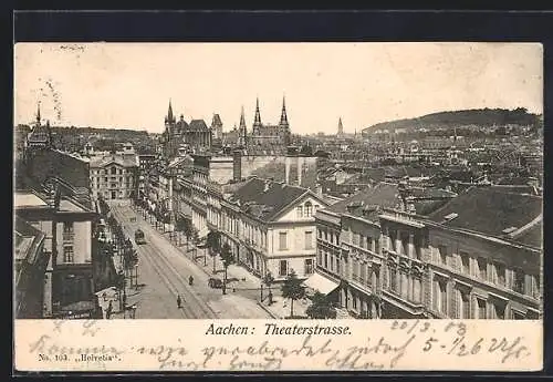 AK Aachen, Blick in die Theaterstrasse, Strassenbahn