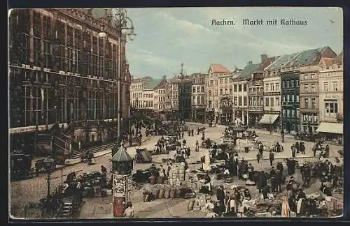 AK Aachen, Markt mit Rathaus und Marktständen, Litfasssäule
