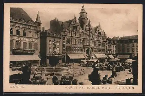 AK Aachen, Markt mit Kaiser Karl-Brunnen, Marktstände