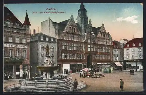 AK Aachen, Markt mit Kaiser Karl-Denkmal, mit Blumenstand