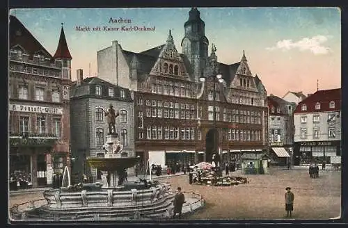 AK Aachen, Markt mit Kaiser Karl-Denkmal und Marktstand