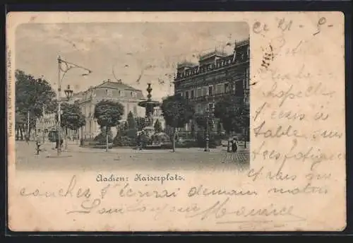 AK Aachen, Kaiserplatz mit Brunnen, Strassenbahn