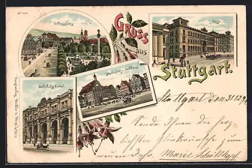 Lithographie Stuttgart, Schlossplatz, Post, Bahnhofsportal, Marktplatz und Rathaus