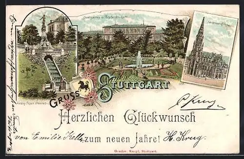 Lithographie Stuttgart, Stadtgarten und Polytechnikum, Herzog Eugen Brunnen