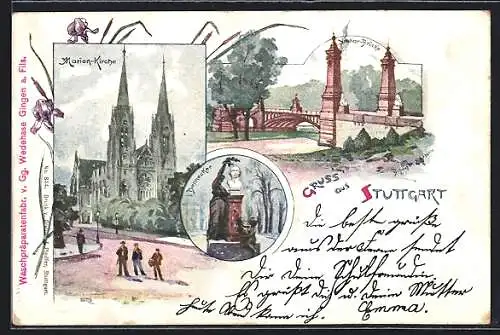 Lithographie Stuttgart, Marien-Kirche, Neckar-Brücke