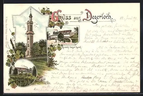 Lithographie Degerloch, Zahnradbahn, Bahnbrücke, Turm