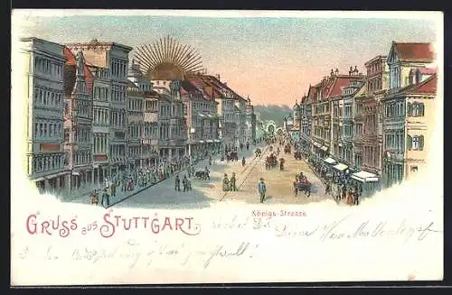 Sonnenschein-Lithographie Stuttgart, Königs-Strasse mit Passanten von oben gesehen