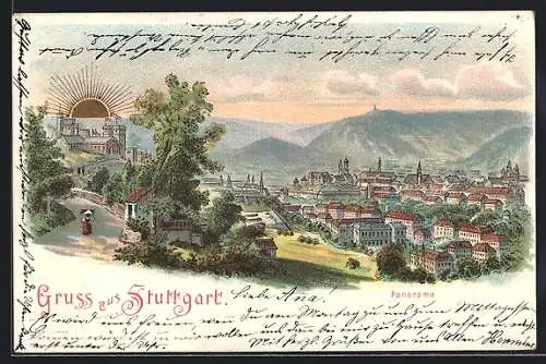 Lithographie Stuttgart, Stadtansicht bei Sonnenaufgang um 1900