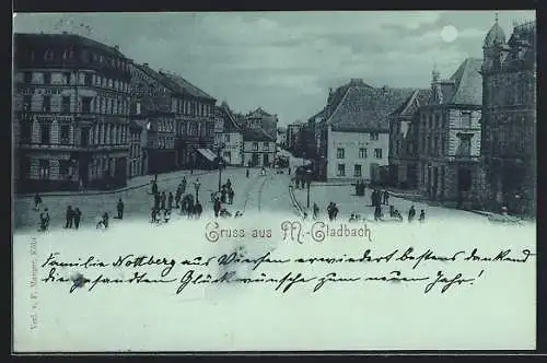 Mondschein-AK M.-Gladbach, Strassenpartie mit Gasthaus Peter Wolff