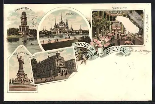 Lithographie Bremen, Hillmann`s Hôtel, Wintergarten, Parkhaus