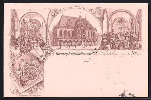 Lithographie Bremen, Rathaus, Gasthaus Ratskeller, Innenansicht