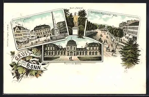 Lithographie Bonn, Arndt-Denkmal, Kaiserplatz u. Poppelsdorfer Allee