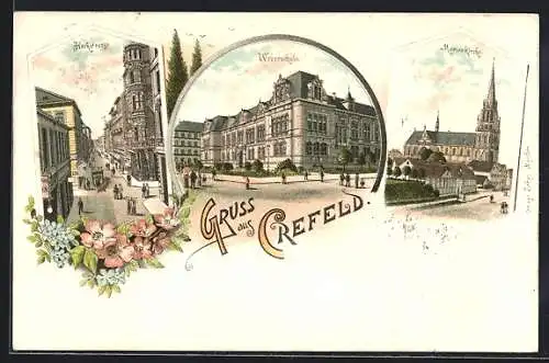Lithographie Crefeld, Hochstrasse, Weberschule und Marienkirche