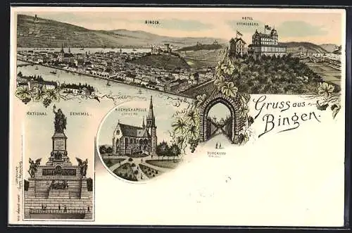 Lithographie Bingen / Rhein, Hotel Rochusberg und Teilansicht, Rochuskapelle Ostseite, National-Denkmal