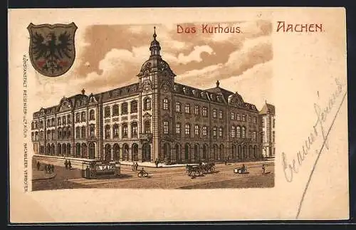 Lithographie Aachen, Kurhaus mit Strassenbahn, Wappen