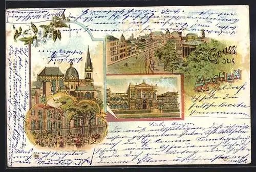 Lithographie Aachen, Kurhaus mit Garten, Dom, Strassenpartie von oben