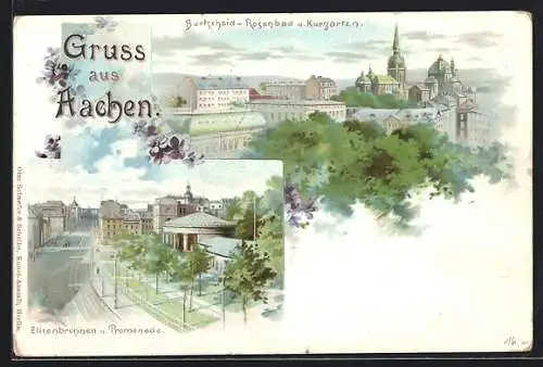 Lithographie Aachen-Burtscheid, Elisenbrunnen, Rosenbad u. Kurgarten