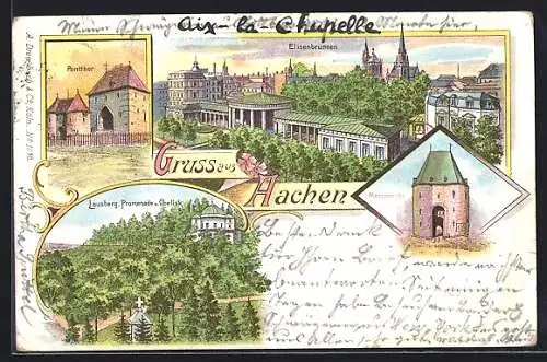 Lithographie Aachen, Pontthor, Elisenbrunnen, Marschierthor