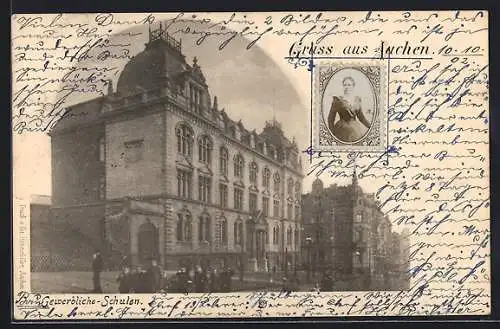 AK Aachen, Gewerbliche Schulen mit Schülern und Strasse, aufgeklebte Foto-Briefmarke mit Frauenportrait