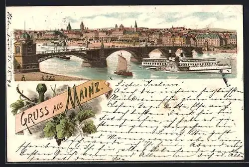 Lithographie Mainz, Brückenpanorama mit Raddampfer, Weintrauben und Römerglas