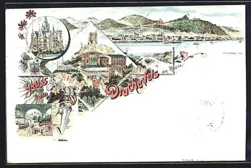 Lithographie Drachenburg, Zahnradbahn, Plateau a. d. Drachenfels, Totalansicht