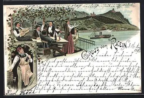 Lithographie Winzer an einem Weinfass, Weinberge am Rheinufer