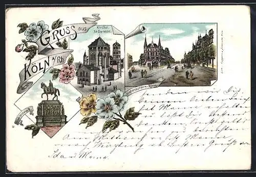 Lithographie Köln a. Rh., Kirche St. Gereon, Reiterdenkmal Friedr. Wilhelm III., Hohenzollern-Ring