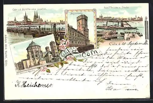 Lithographie Köln, St. Gereon-Kirche, Bayenthurm, Schiffbrücke und Deutz