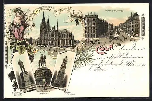 Lithographie Köln-Neustadt, Hohenstaufenring, Dom, Bismarck-Denkmal, Friedrich Wilhelm III-Denkmal