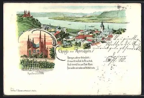 Lithographie Remagen, Apollinariskirche, Ortsansicht mit Rhein
