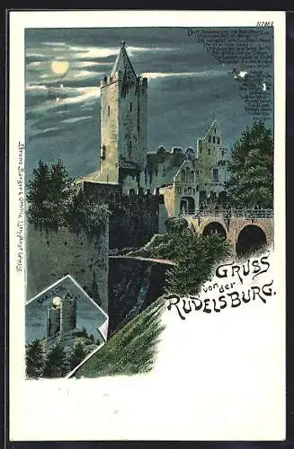 Lithographie Rudelsburg, Schloss, Burgruine Saaleck