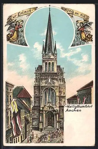 Lithographie Aachen, Heiligthumfahrt, Kirche mit Prozession aus der Vogelschau