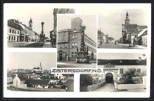 AK Zistersdorf, Gebäudeansicht mit Säule, Ortsansicht, Strassenpartie