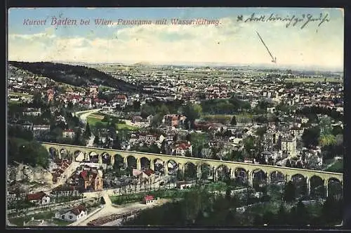 AK Baden bei Wien, Panorama mit Wasserleitung