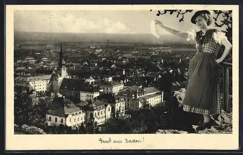 AK Baden, Totalansicht mit Kirche, Tracht