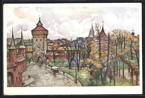 Künstler-AK Kraków, Planty i Brama Florjanska