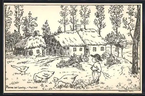 Künstler-AK Parma, Ortspartie und kleiner Junge mit Gänsen