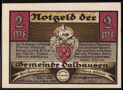 Notgeld Dalhausen 1921, 2 Mark, Gemeinde Dalhausen mit Stadtansicht und lateinischem Text