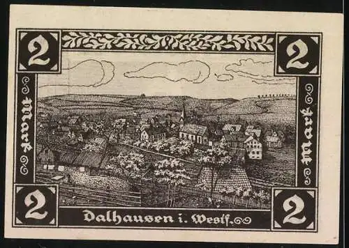 Notgeld Dalhausen 1921, 2 Mark, Gemeinde Dalhausen mit Stadtansicht und lateinischem Text