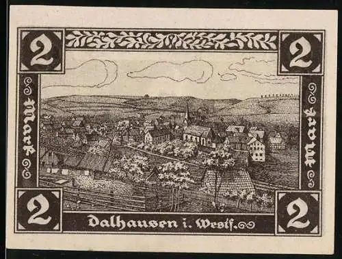 Notgeld Dalhausen i. Westf., 1921, 2 Mark, Dorflandschaft und Gemeindewappen