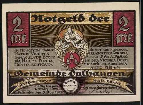 Notgeld Dalhausen i. Westf., 1921, 2 Mark, Dorflandschaft und Gemeindewappen