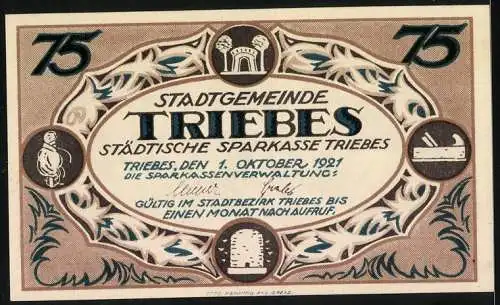 Notgeld Triebes 1921, 75 Pfennig, Industrie- und Gewerbeausstellung mit Abbildungen von Arbeiter und Händler