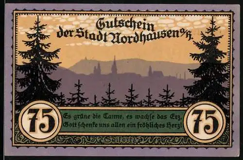 Notgeld Nordhausen 1921, 75 Pfennig, Gutschein der Stadt mit Landschaft und Der wilde Mann