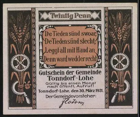 Notgeld Tonndorf-Lohe, 1921, 20 Pfennig, mit Sämann und Spruch Ahn` Saat Keen Oarn!