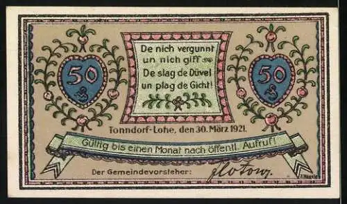 Notgeld Tonndorf-Lohe 1921, 50 Pfennig, Wandsefall, Gutschein der Gemeinde Tonndorf-Lohe