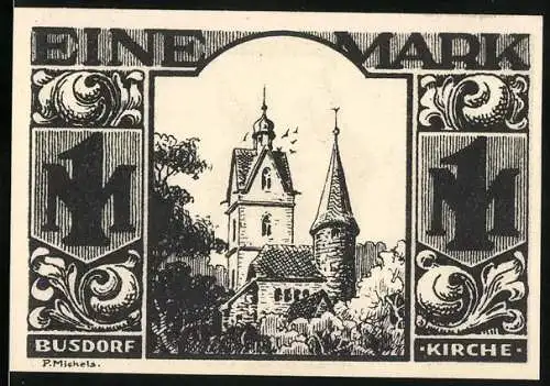 Notgeld Paderborn 1921, 1 Mark, Abbildung der Busdorfkirche und Schmiedearbeiter mit Leuchter